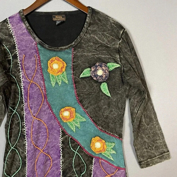 Rising International Top Size Medium M Boho Embroidered 3D Art To Wear Patchwork - Picture 8 of 16